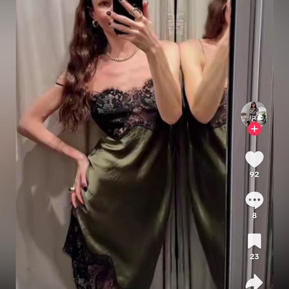 Zara Asymmetrical Satin Effect Lace Dress ZW Collection GREEN XL - Picture 9 of 10